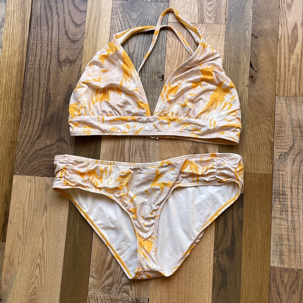 Hurley Bikini Set Womens Large Yellow Tropical Floral Halter Swimwear